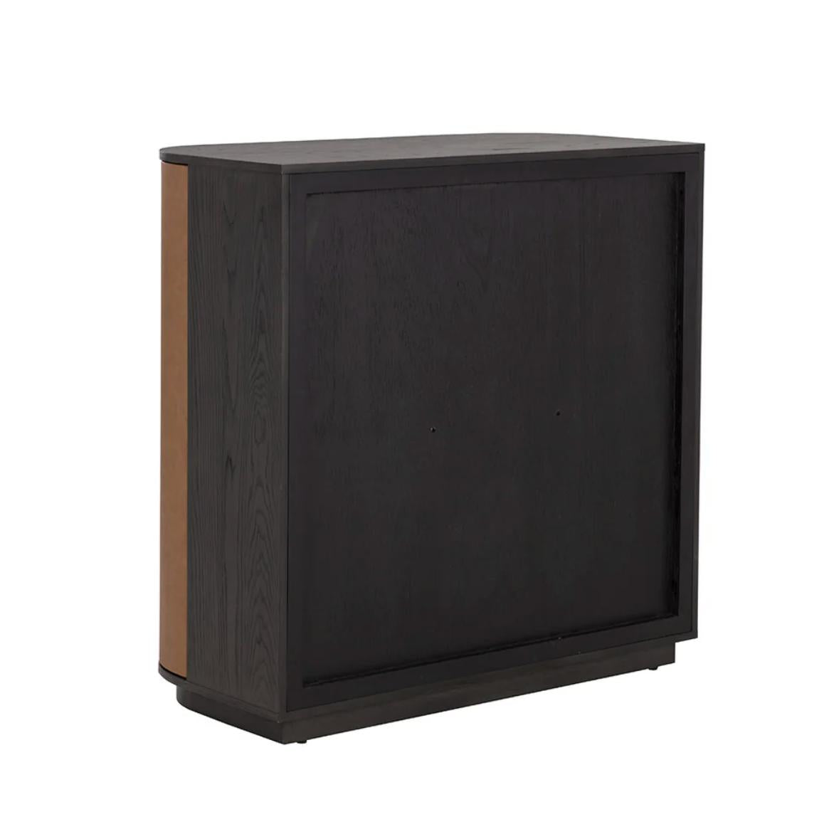 Dresden Smoke Grey & Cognac Leather Bar Cabinet - Bar Cart View | Bone & Brass