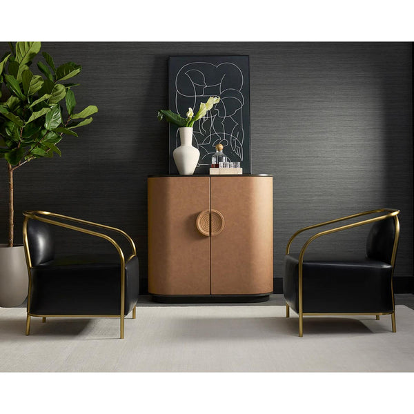 Dresden Smoke Grey & Cognac Leather Bar Cabinet - Bar Cart Detail | Bone & Brass