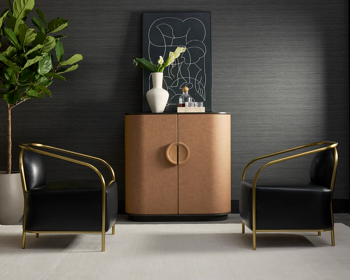 Dresden Smoke Grey & Cognac Leather Bar Cabinet