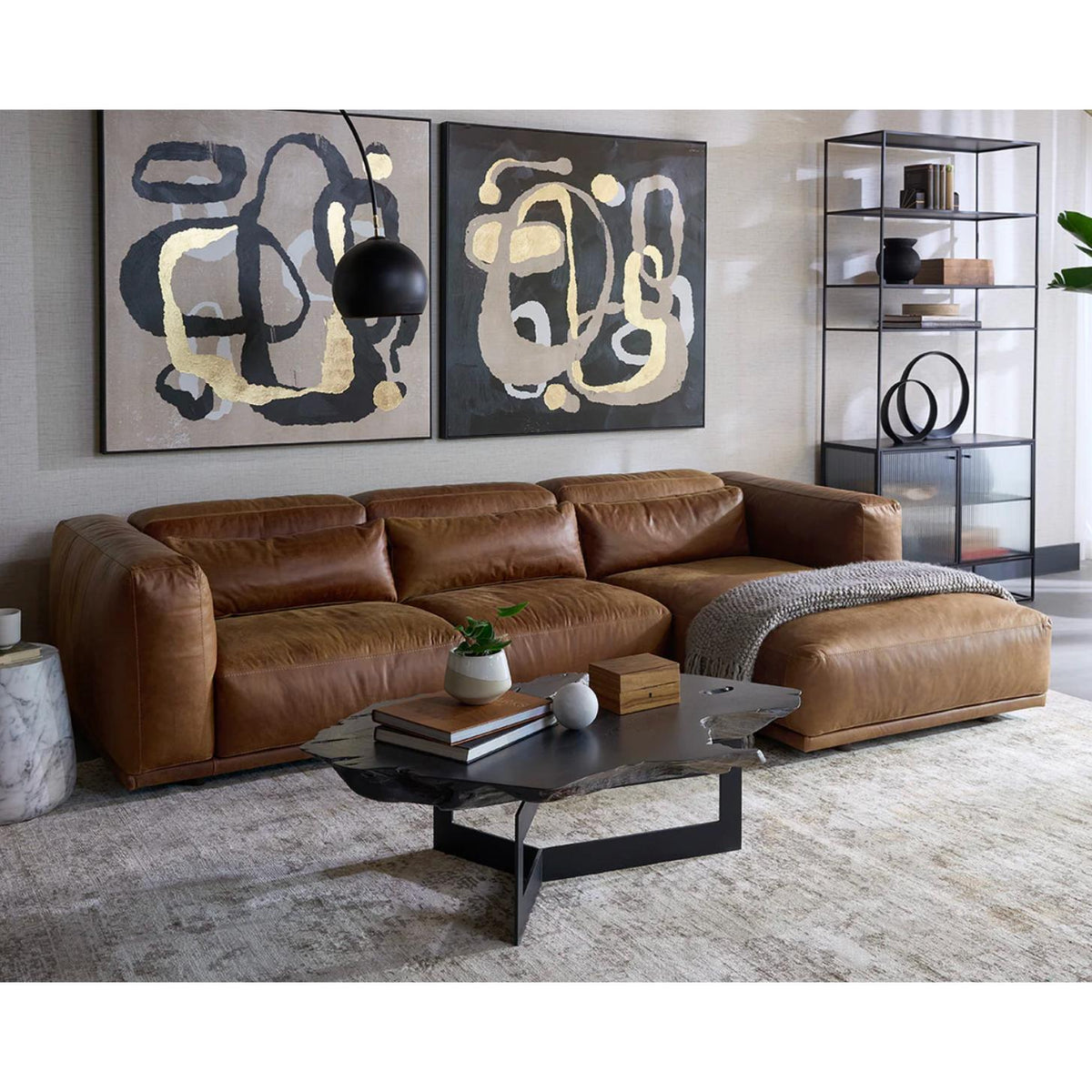 Beau Tobacco Leather Sectional Sofa with Chaise - RAF - Sectional Side View | Bone & Brass