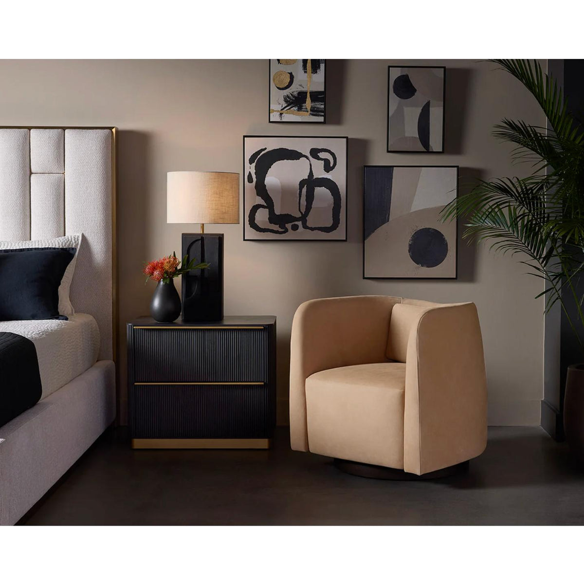 Emilie Tan Leather Swivel Lounge Chair - Chair Side View | Bone & Brass