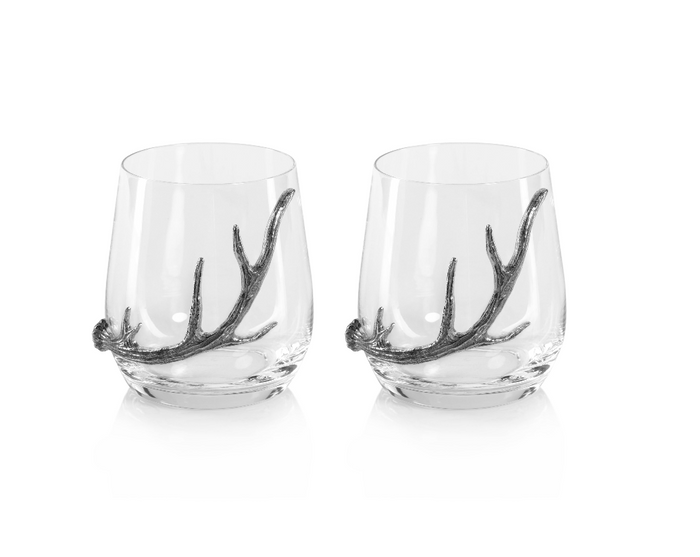 Davos Stemless Glasses with Pewter Antler, Set of 2