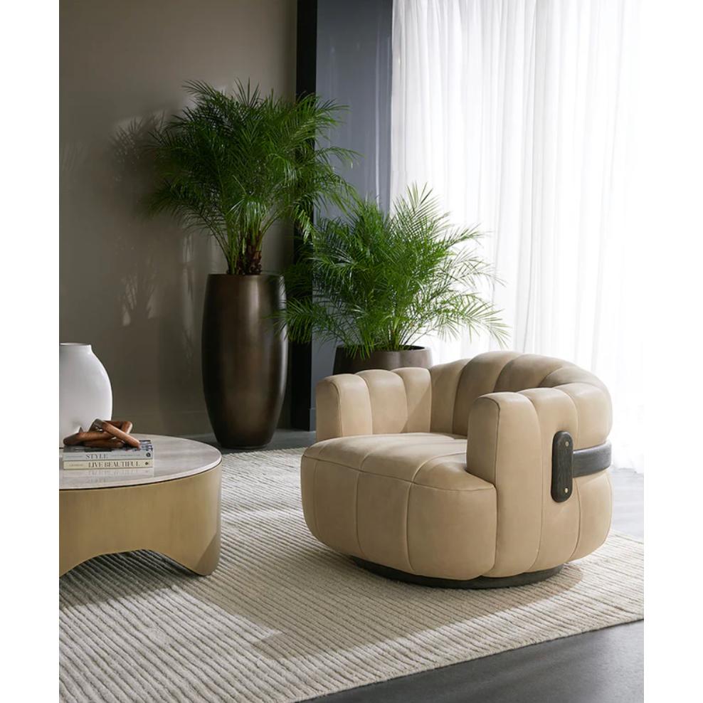 Tadeo Sahara Sand Leather Swivel Armchair - Chair Side View | Bone & Brass