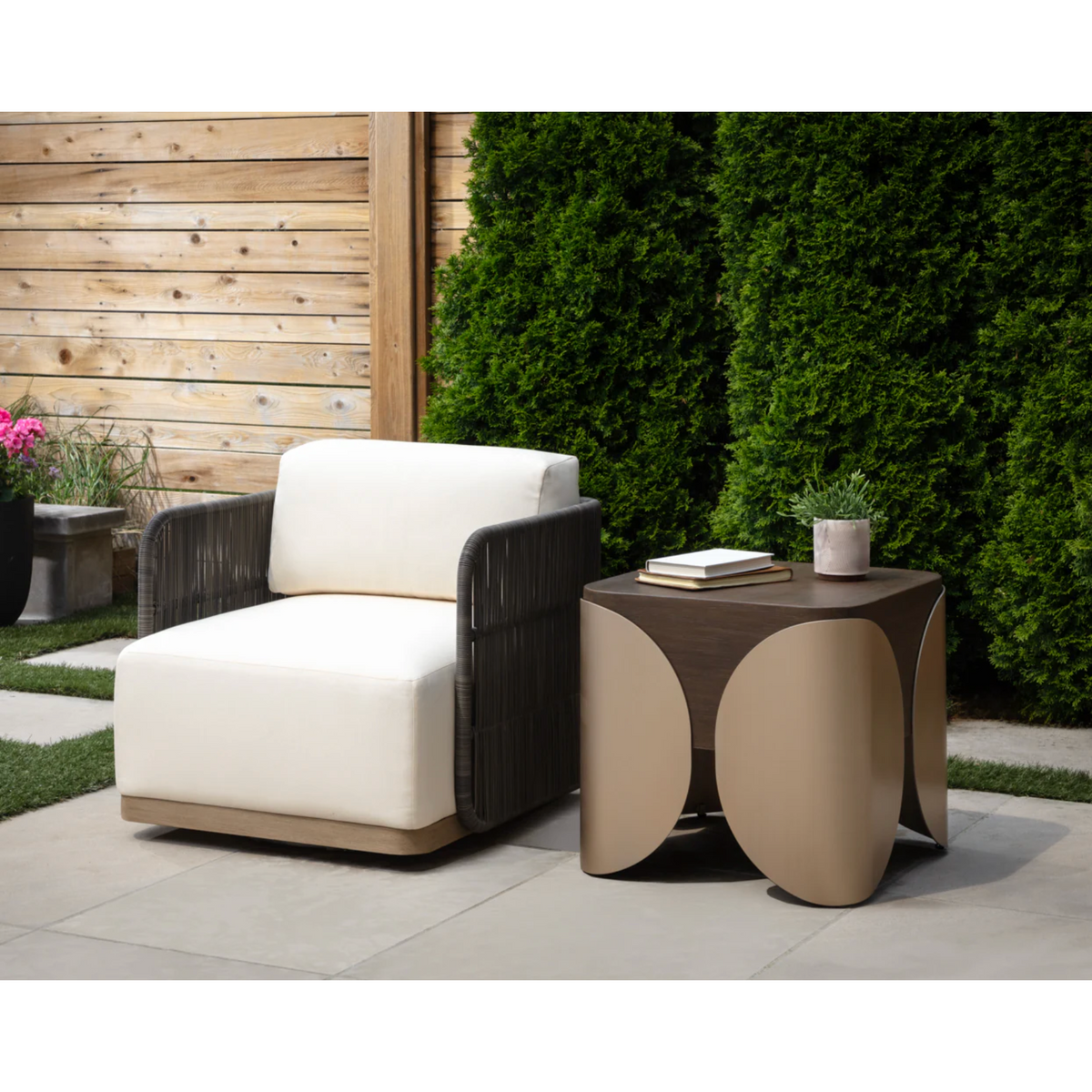 Ravenna Cream & Grey Woven Swivel Outdoor Armchair