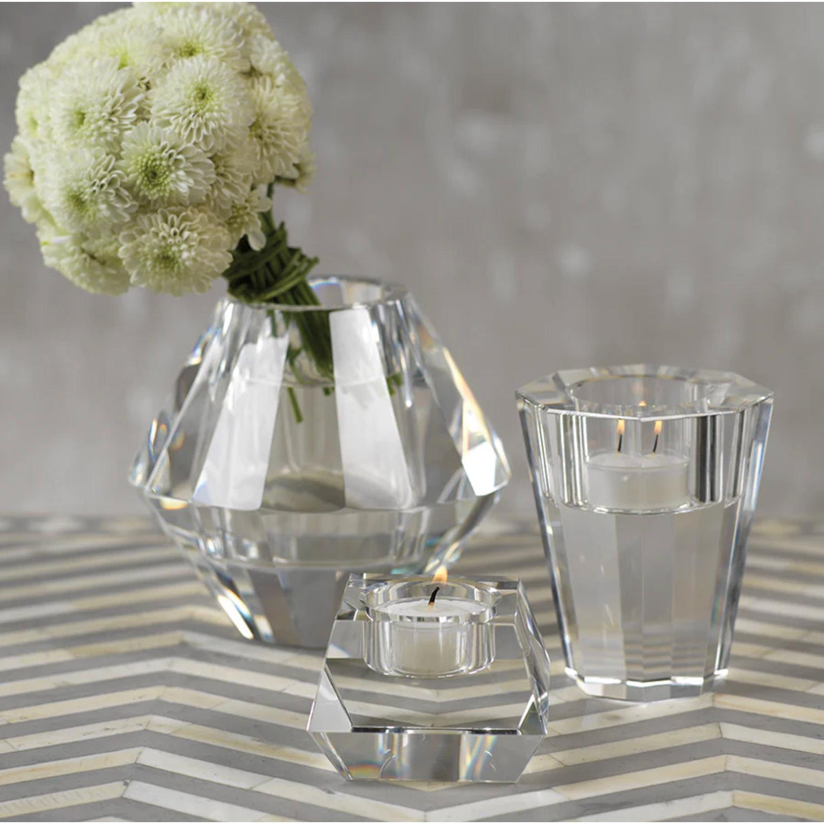 Doris Clear Crystal Tealight Candle Holders, Set of 2 - Tealight Holder Detail | Bone & Brass