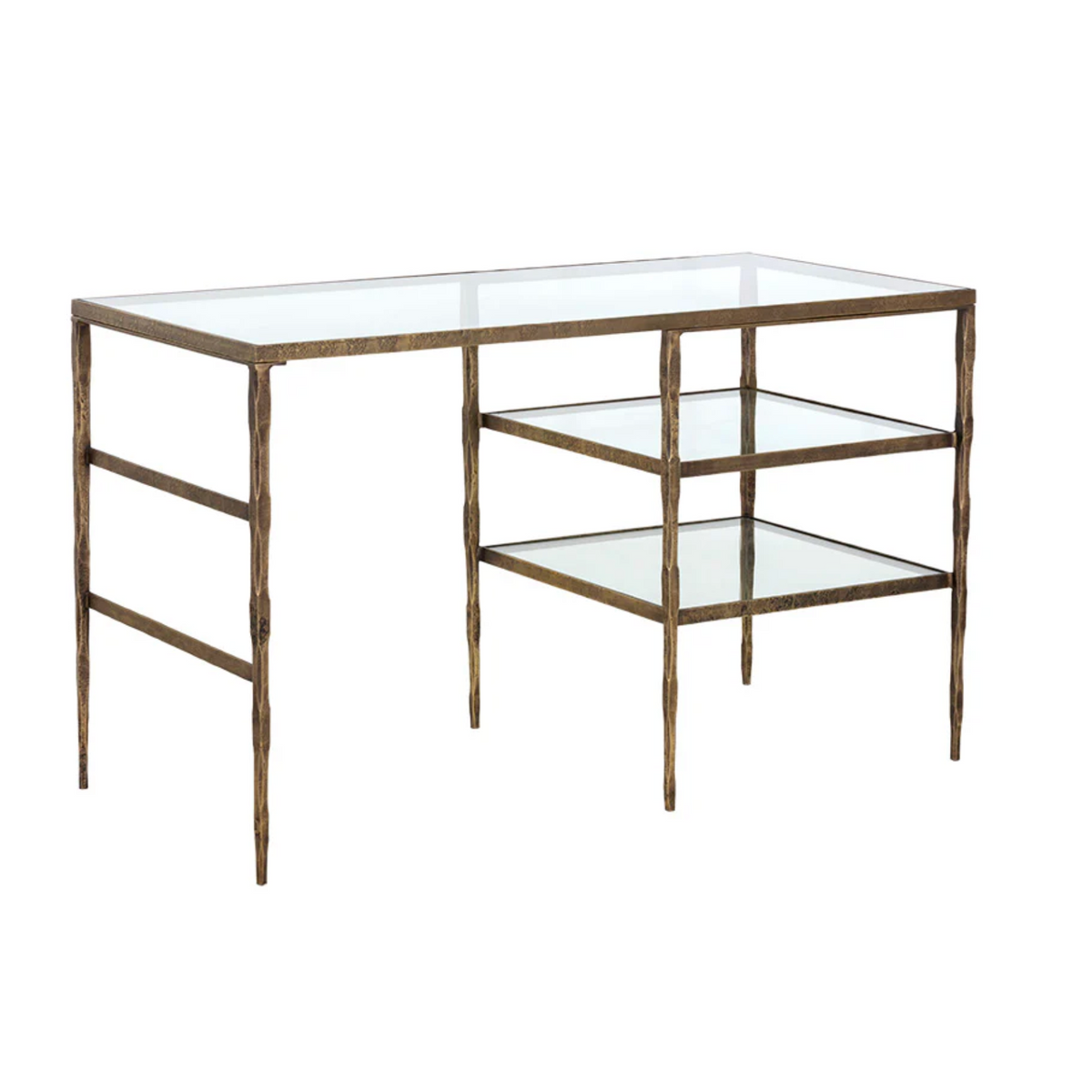 Glass desk with bronze metal frame on a white background