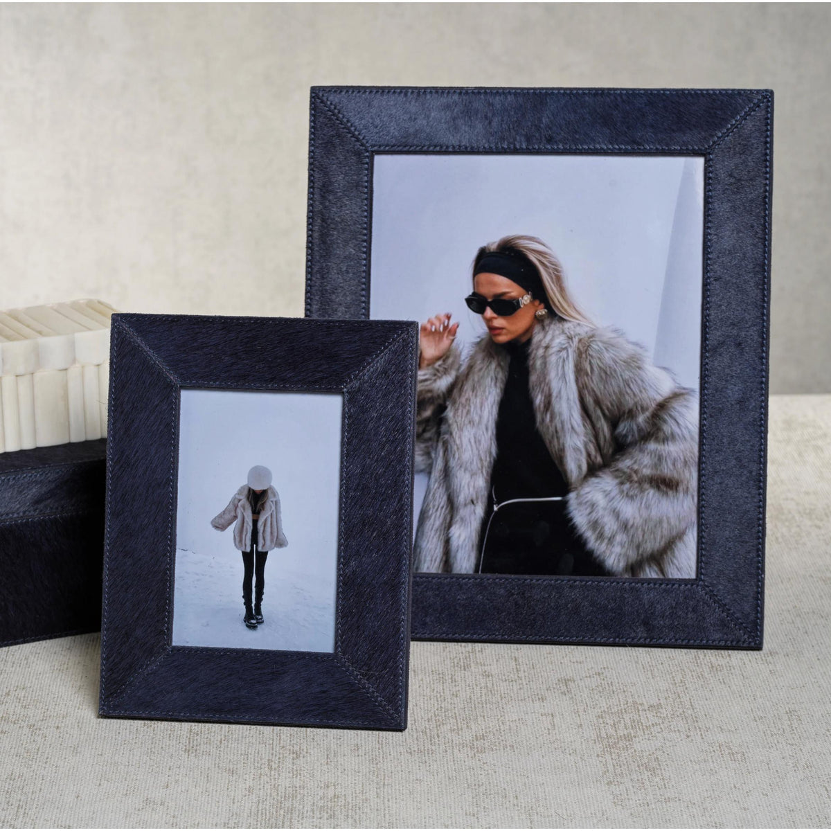 Corviglia Navy Hair On Hide Photo Frame - Frame Detail | Bone & Brass