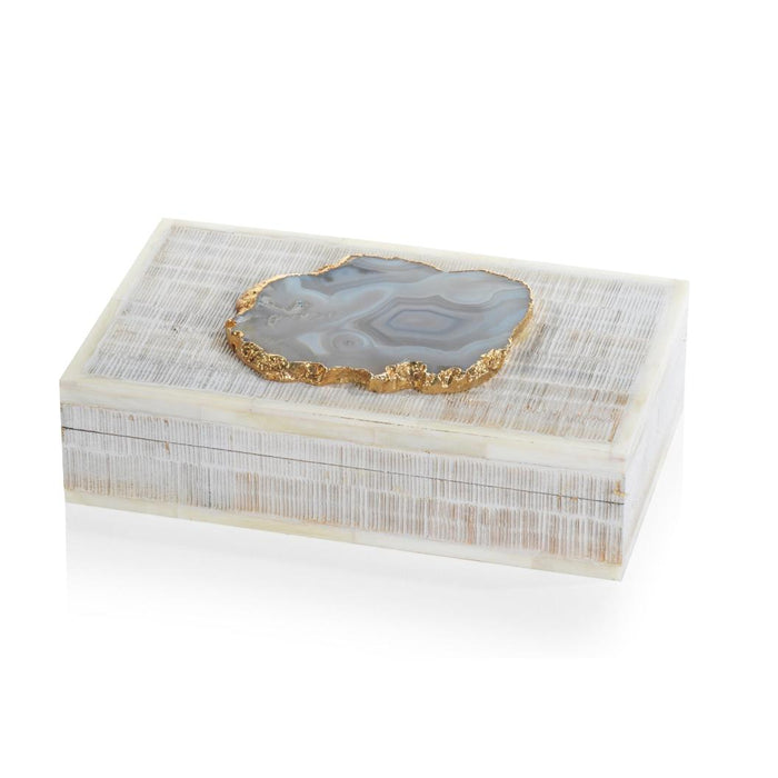 Chiseled Mango Wood & Bone Decorative Box Agate Stone | Bone & Brass