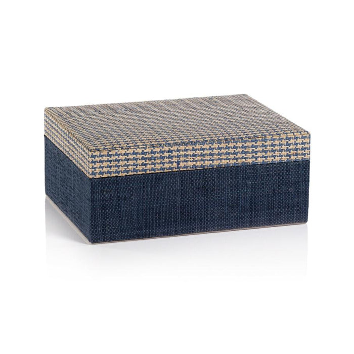 Torrie Navy Houndstooth Raffia Decorative Box | Bone & Brass
