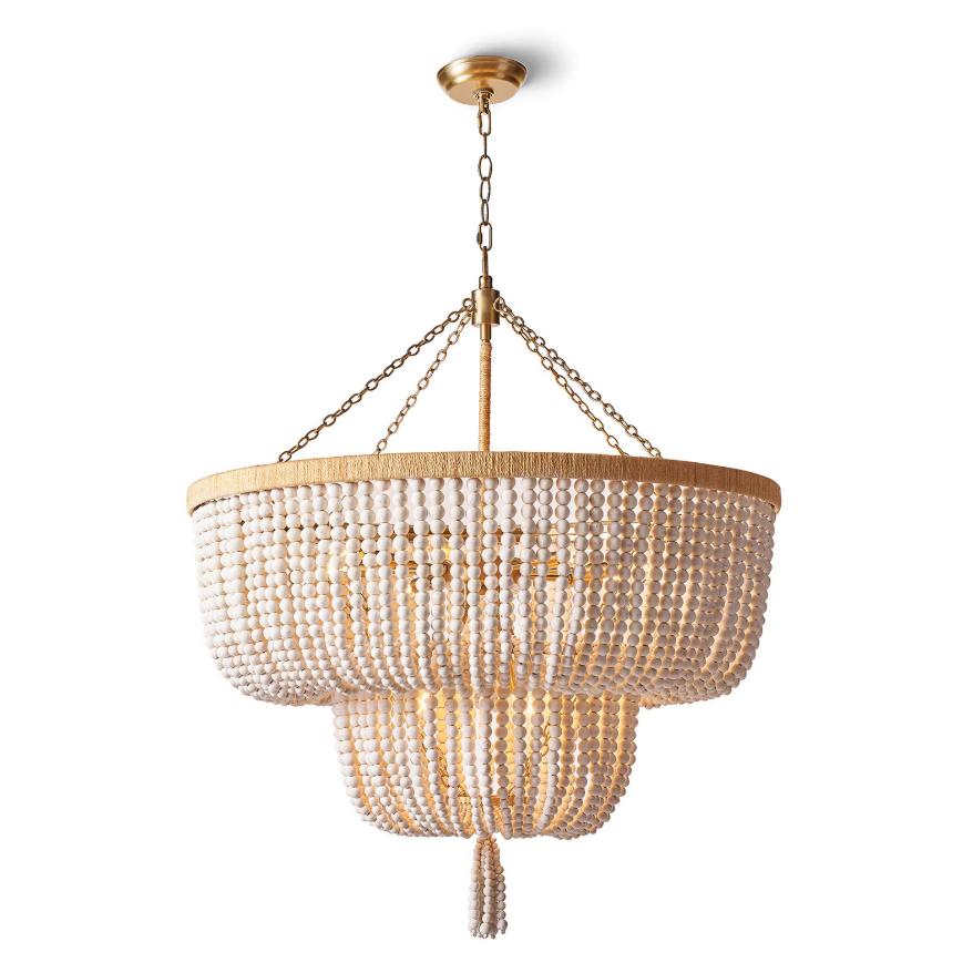 Cameron Whitewashed Wood Beads Chandelier | Bone & Brass