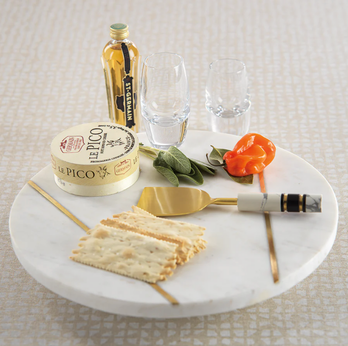 Ivory Marble Lazy Susan w/ Brass Inlay