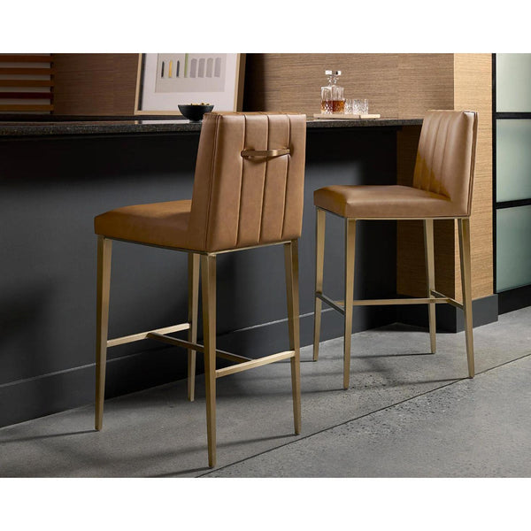 Wilbur Cognac Leather & Antique Brass Barstool - Stool Side View | Bone & Brass