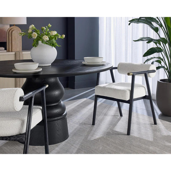 Sova White Boucle & Black Oak Dining Armchair - Chair Side View | Bone & Brass