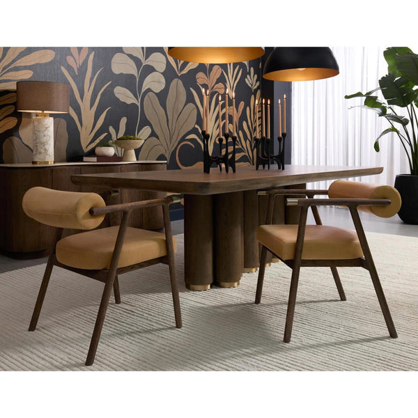 Sova Camel Leather & Brown Oak Dining Armchair - Chair Side View | Bone & Brass