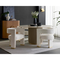 Cataldi Taupe Leather Base & Marble Tabletop Round Dining Table - Table Side View | Bone & Brass
