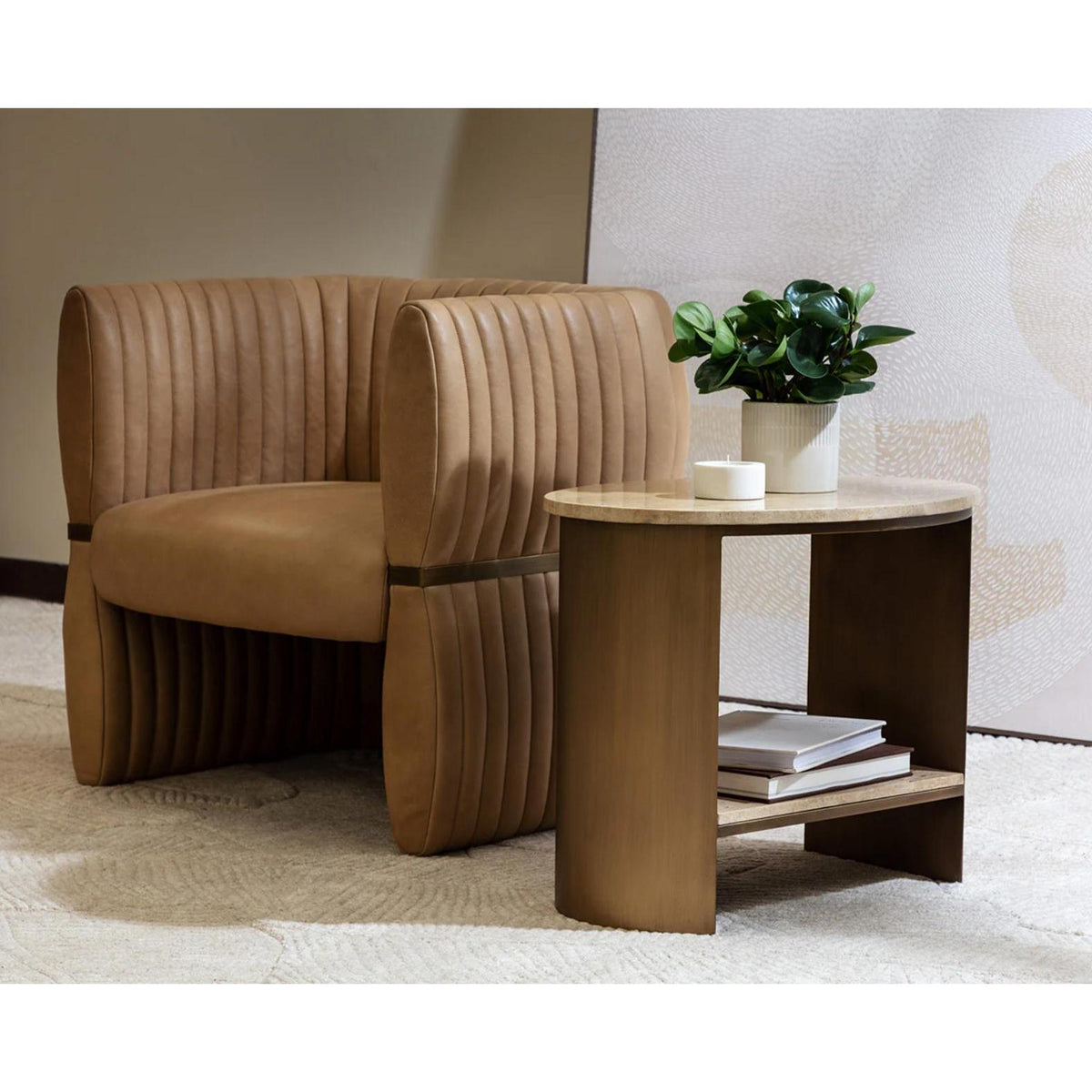 Roshni Antique Gold & Travertine Side Table - Table Side View | Bone & Brass