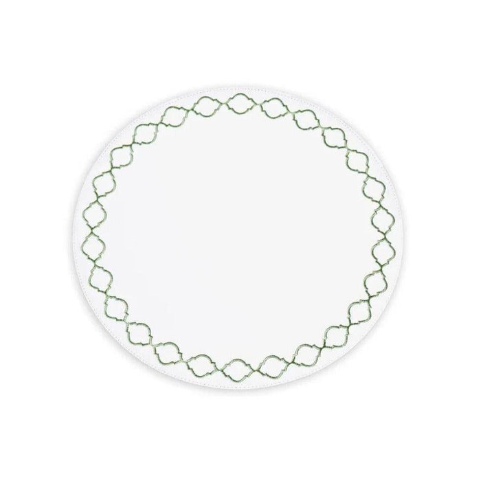 Vida Green & White Embroidered Quatrefoil Round Placemats Set of 4 | Bone & Brass