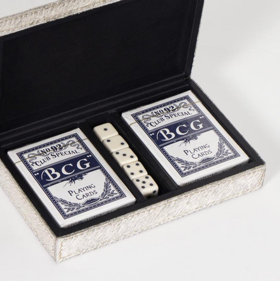 Andres Hair on Hide Playing Card Set - Grey - Side View | Bone & Brass