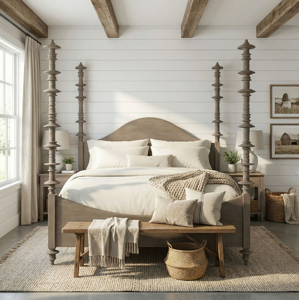 Ferret Four Poster Bed Weathered Taupe - Bed Side View | Bone & Brass