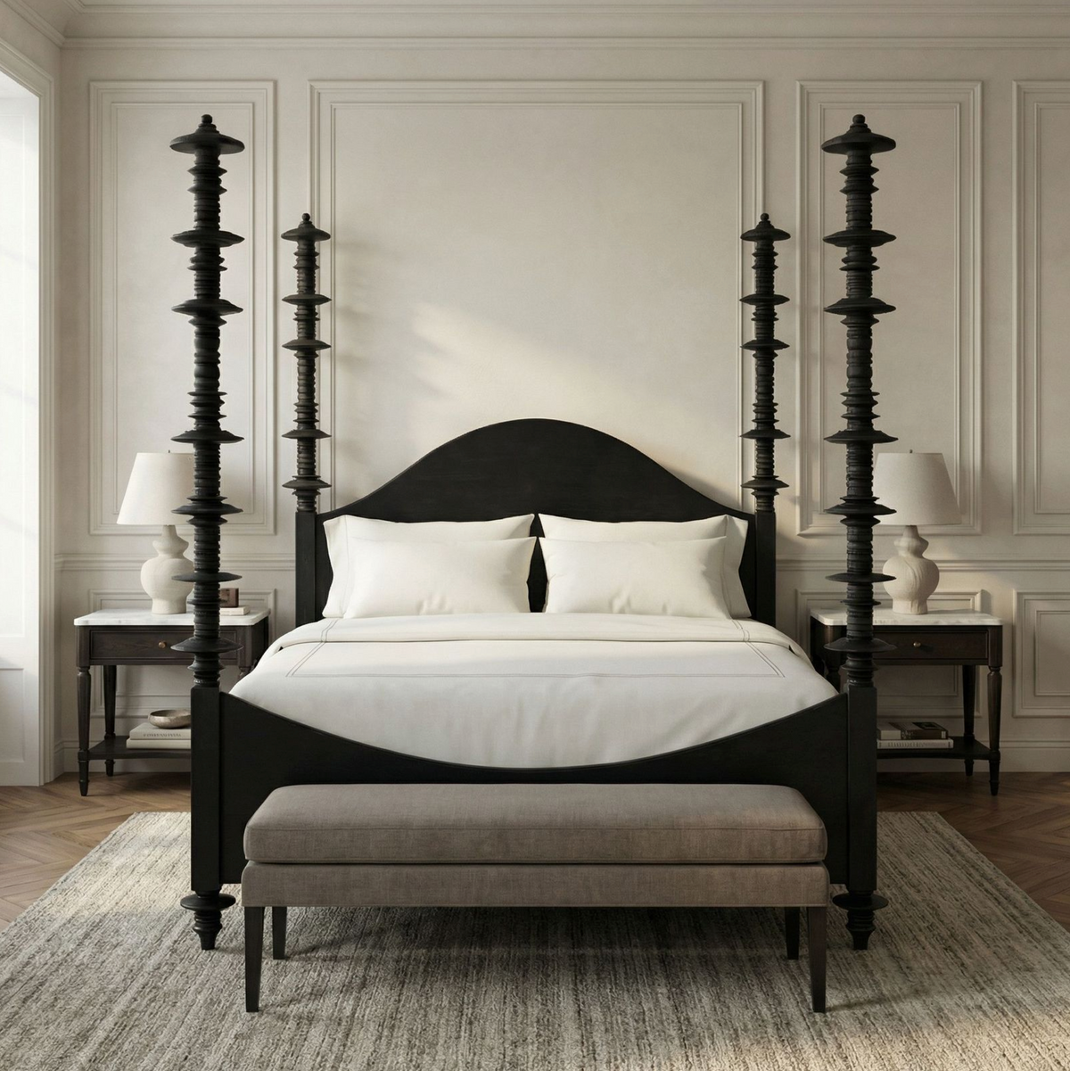 Ferret Four Poster Bed Hand Rubbed Black - Bed Side View | Bone & Brass