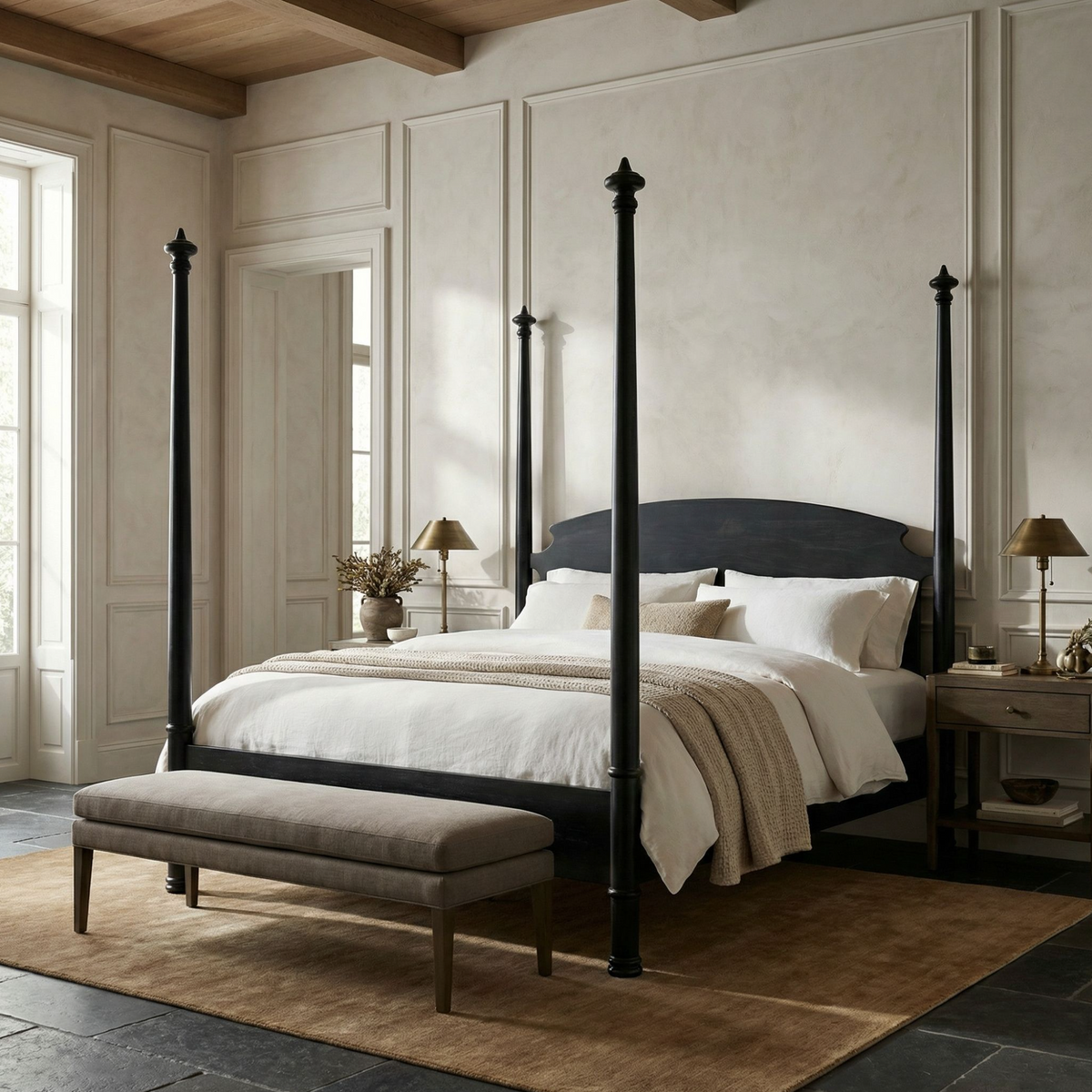 Douglas Four Poster Bed, White Wash or Black - Bed Side View | Bone & Brass
