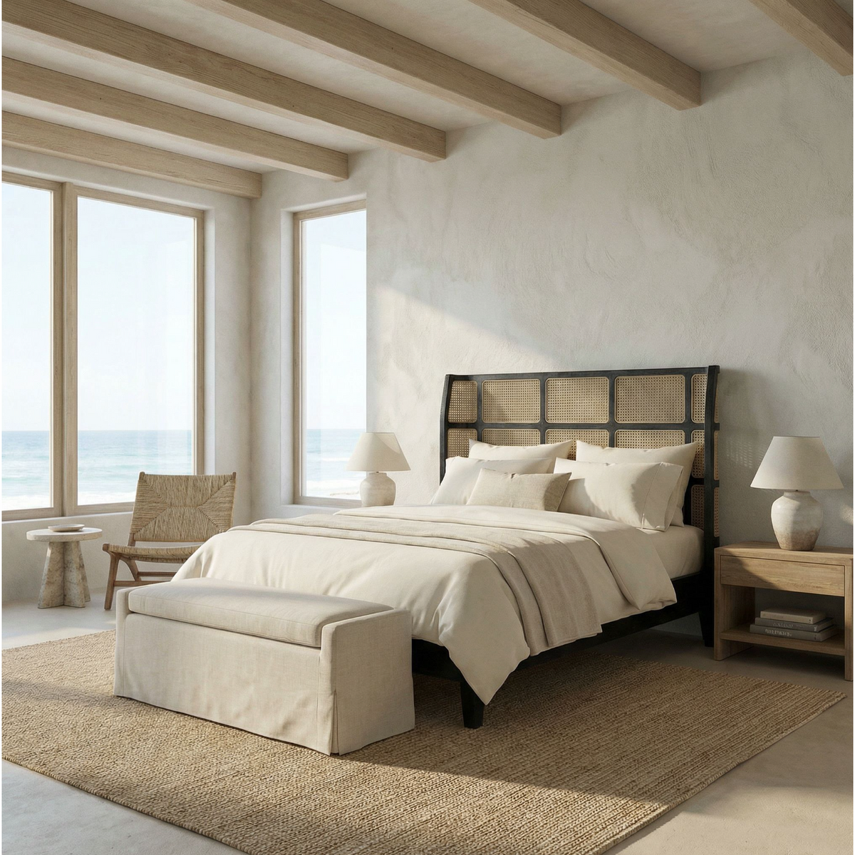 Porto Natural Cane & Black Queen Bed - Bed Side View | Bone & Brass