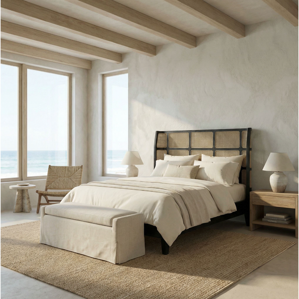 Porto Natural Cane & Black Queen Bed - Bed Side View | Bone & Brass