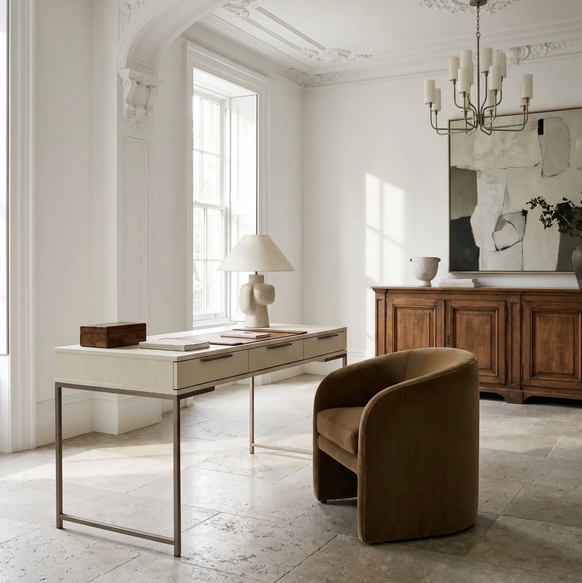 Rebel Cream & Champagne Gold Desk - Desk Side View | Bone & Brass