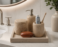 Beige Travertine Marble Soap & Lotion Dispenser - Dispenser Detail | Bone & Brass