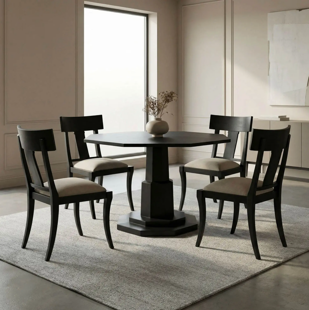Dining room with a dark wooden table and chairs on a light gray rug.