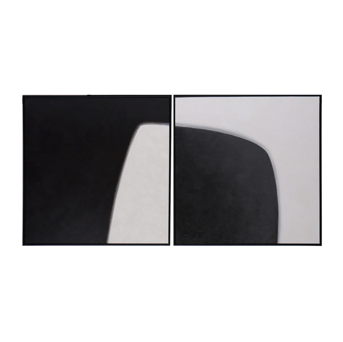 A two-panel abstract wall art set featuring minimalist black and white geometric shapes, displayed side-by-side on a plain white background.