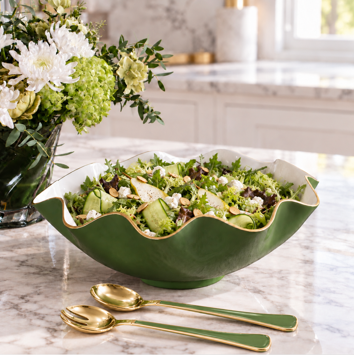 Encanto Soho Salad Servers Leaf Green & Gold