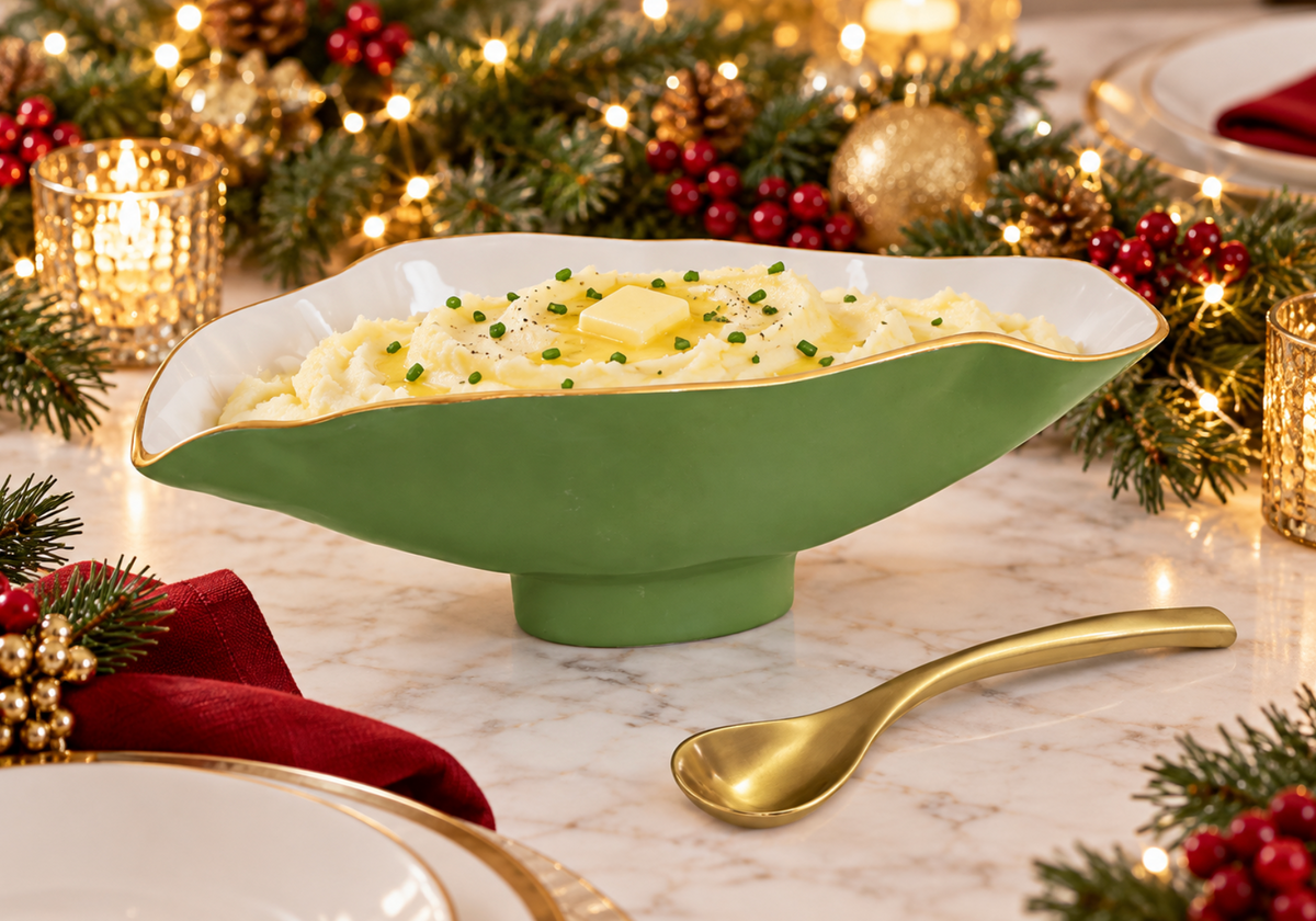 Leaf Green & White Oval Bowl with Gold Spoon