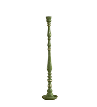A tall, slender green candlestick with a fluted stem, gold trim and a round base.