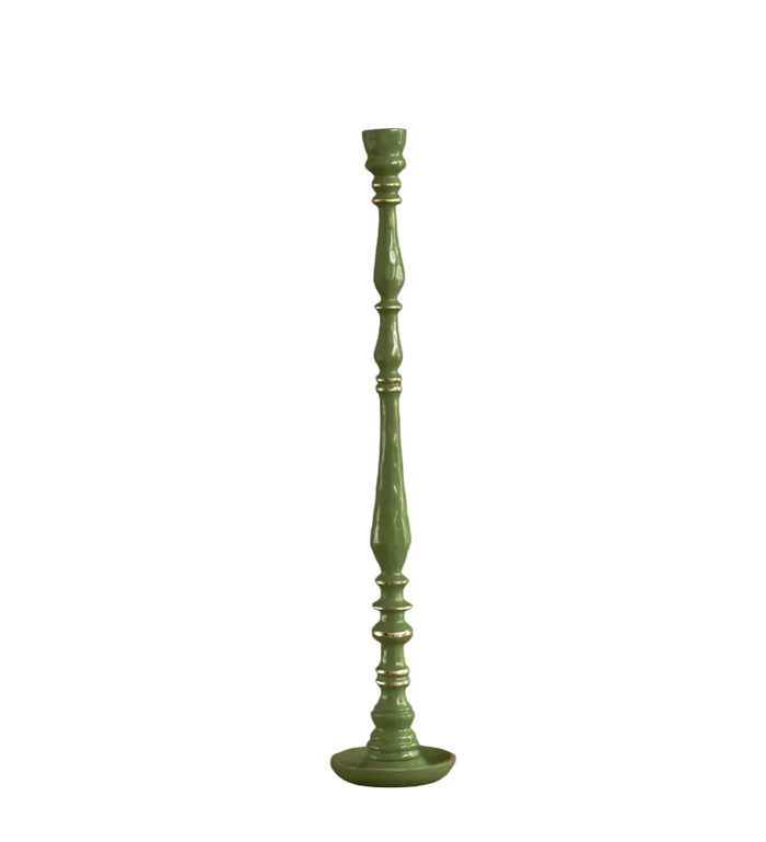 A tall, slender green candlestick with a fluted stem, gold trim and a round base.