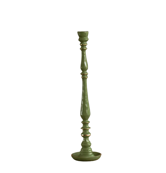 A leaf green and gold trim aluminum candlestick holder on a white background.