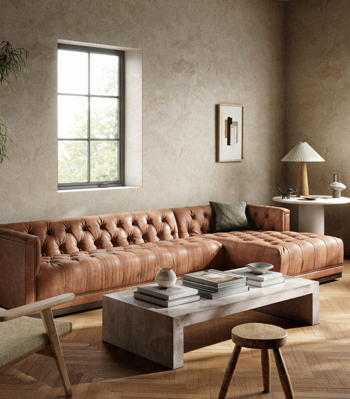 Brown leather sofa in modern living room.