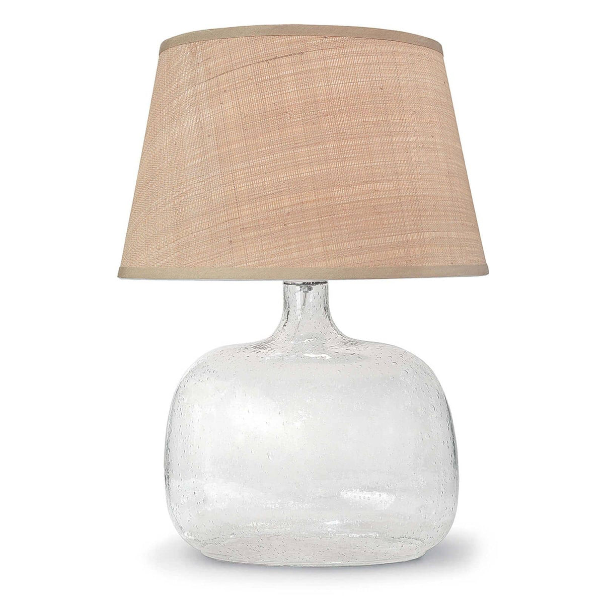 Seeded oval glass table lamp with a natural rattan tapered shade.