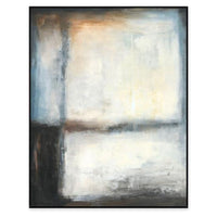 Abstract giclee painting with sunlit movement, featuring blues, creams, and dark tones in a black frame.