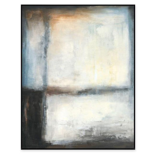Abstract giclee painting with sunlit movement, featuring blues, creams, and dark tones in a black frame.