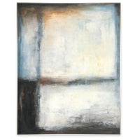 Abstract giclee painting with brush strokes in warm browns, cool blues, and white, framed.