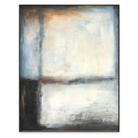 Abstract giclee painting with sunlit movement, featuring soft blues, creams, and warm browns in a modern coastal style.