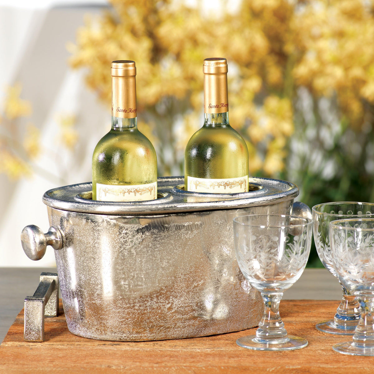 Seguso 2-Bottle Nickel Wine Bottle Holder - Detail View | Bone & Brass