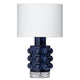 Cobalt blue glass Seltzer Mini Table Lamp with textured bubbles, clear base, and off-white linen drum shade.