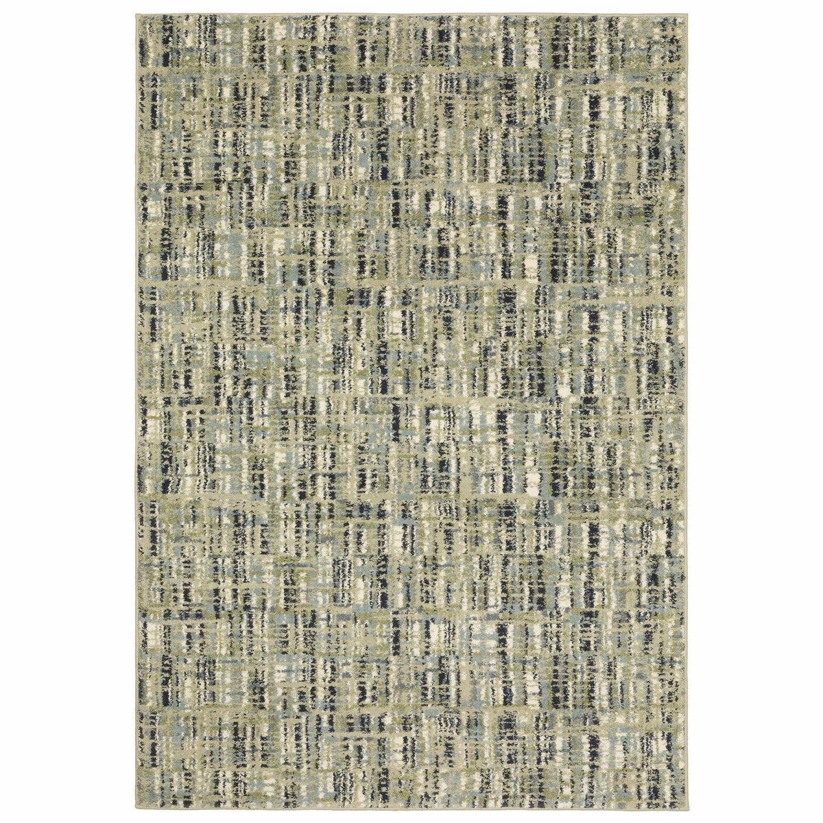 Seneca Beige & Green Casual Rug with abstract black, ivory, gray, blue, and green polypropylene texture.