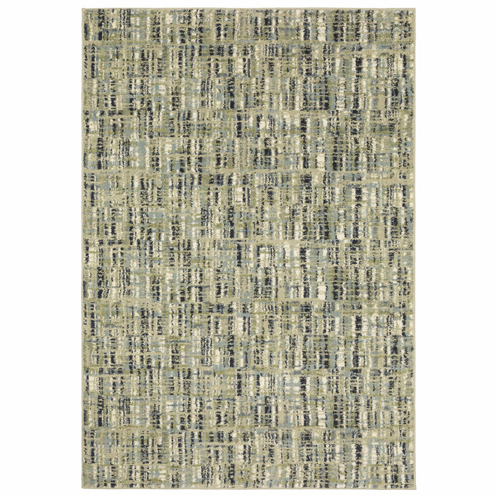 Seneca Beige & Green Casual Rug with abstract black, ivory, gray, blue, and green polypropylene texture.