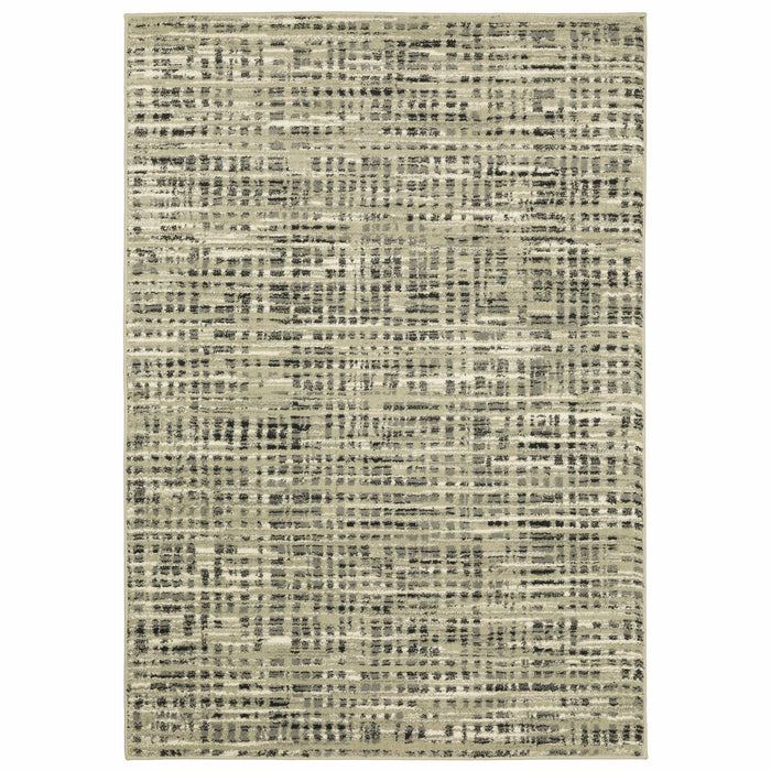 Seneca Beige & Grey Casual Rug with abstract black, ivory, and gray polypropylene texture.