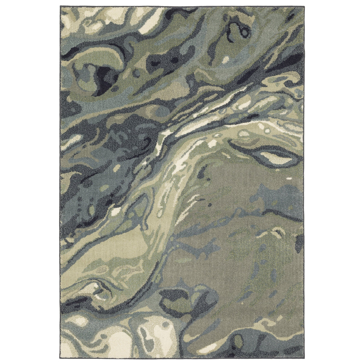 Seneca Blue & Green Contemporary Rug with abstract swirls in polypropylene, featuring black, ivory, gray, blue, and green.
