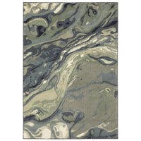 Seneca Blue & Green Contemporary Rug with abstract swirls in polypropylene, featuring black, ivory, gray, blue, and green.