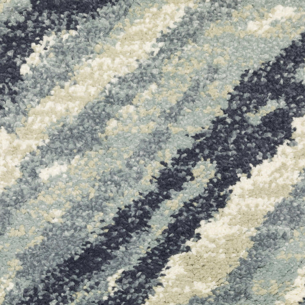 Seneca Blue & Ivory Chevron Rug with dense, high-pile polypropylene texture in blues, grays, and ivory.